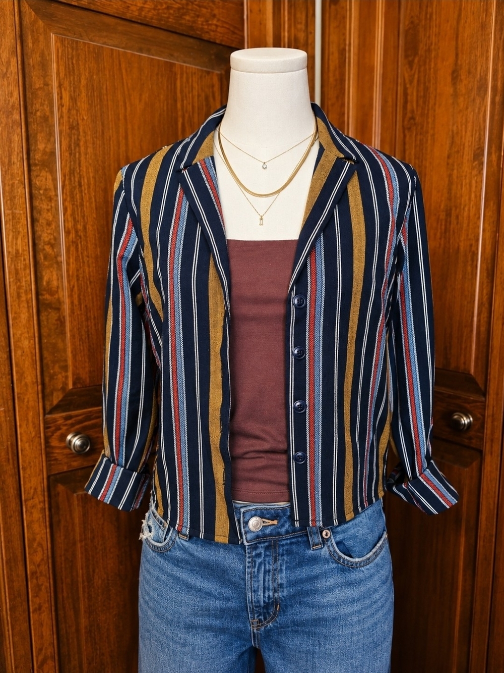 Striped Navy & Mustard Cropped Blazer Jacket